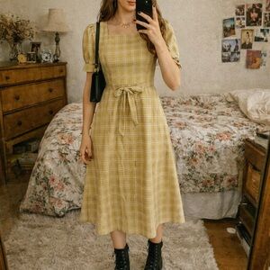 Vintage Style Mustard Plaid Midi Dress Square Neck Puff Sleeve